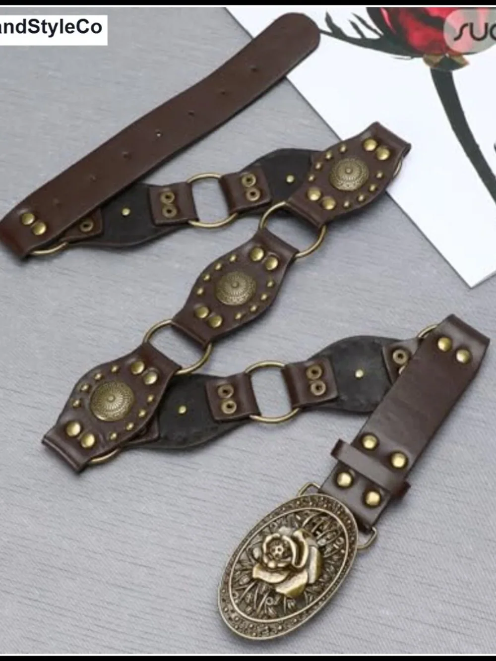 Women's Western Faux Leather Belt Vintage Studded Buckle Cowgirl
